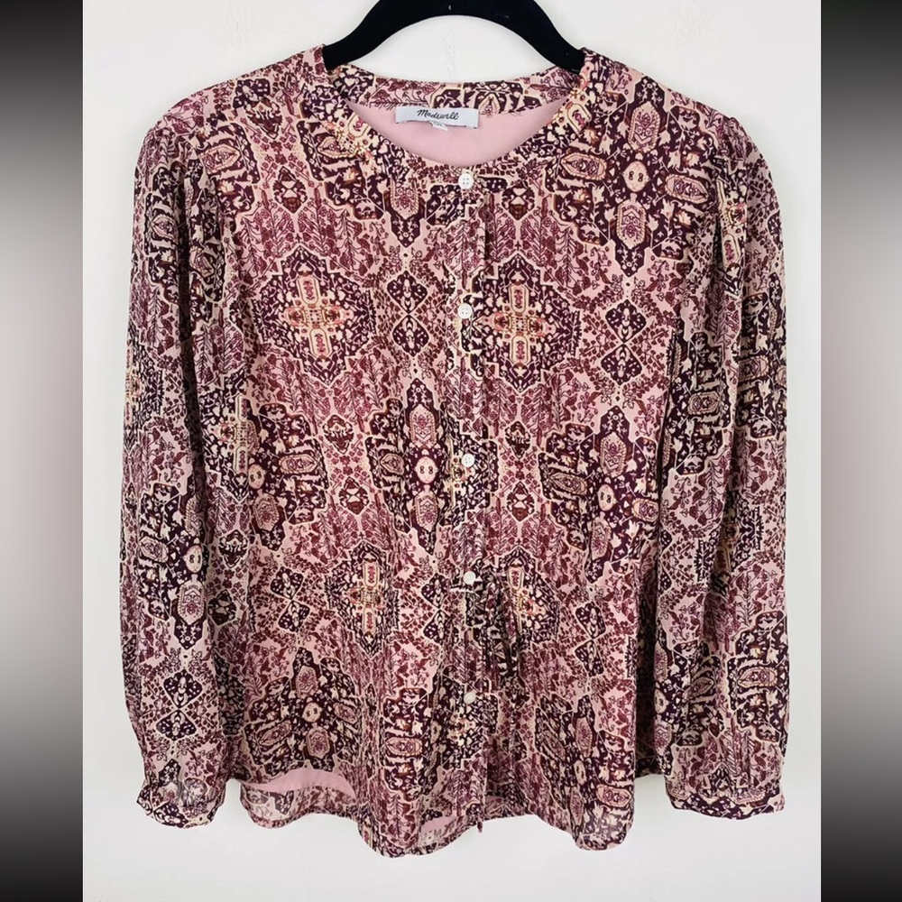 Madewell Women’s Blouse XXS Pink Patterned Lined Long Sleeve Button Up